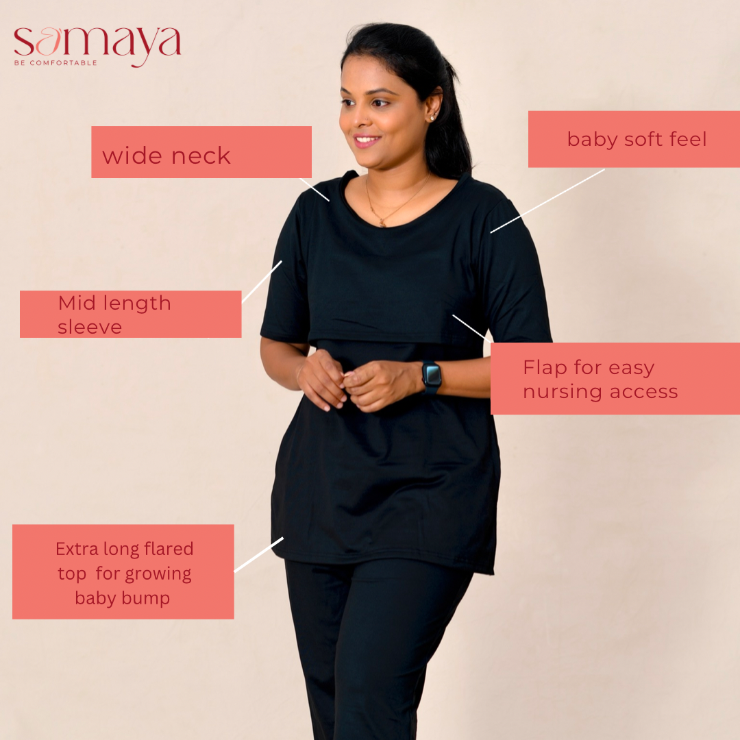Black Feeding Cozy Set nursing top and pants with wide neck, mid sleeves, soft fabric, and flap for easy nursing access