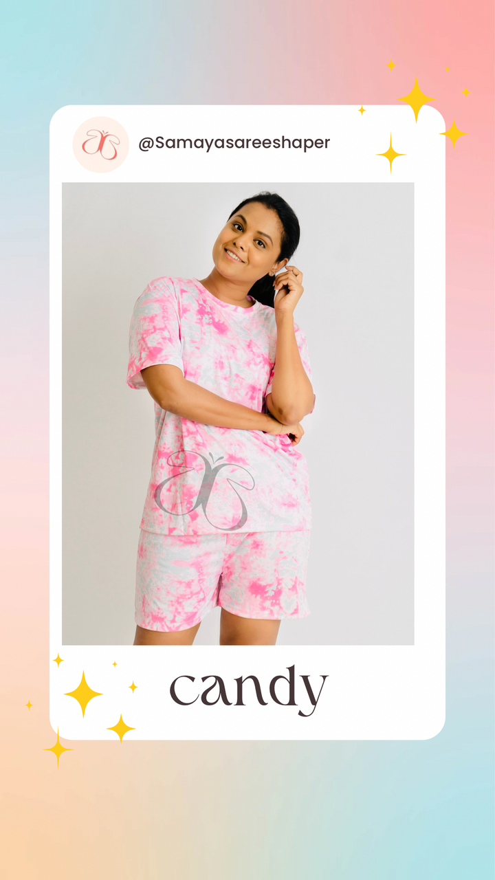 Woman wearing pink tie-dye shorts candy set lounge wear for cozy days and sleepovers