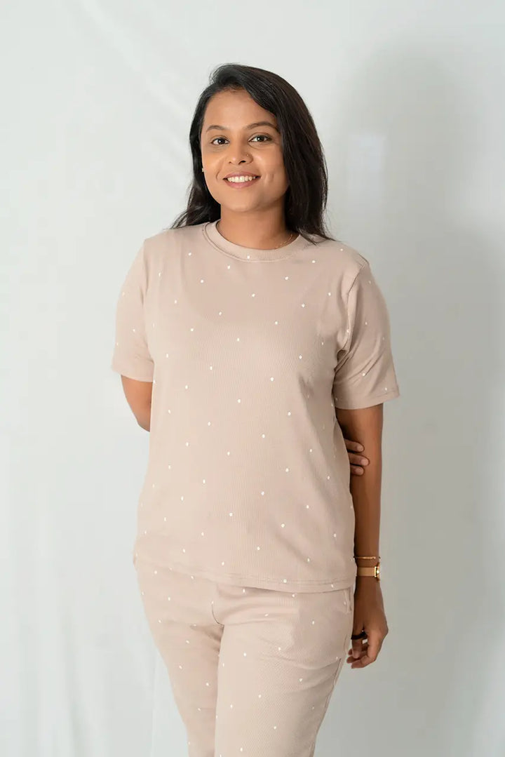 Cream Dots Pant Set Ribbed
