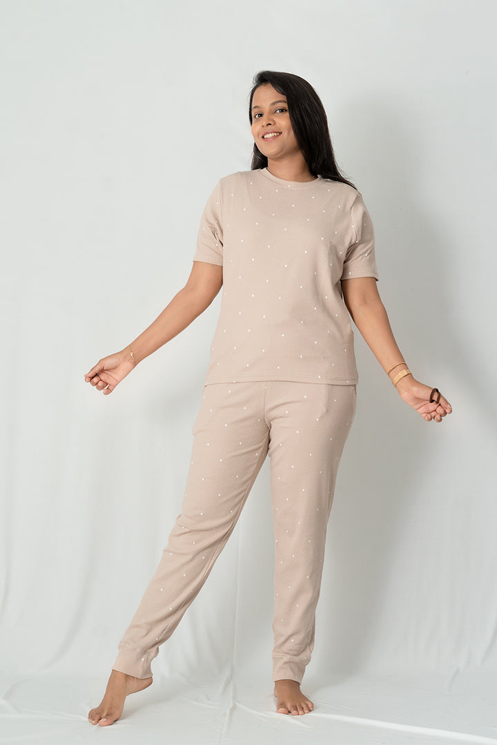 Cream Dots Pant Set Ribbed