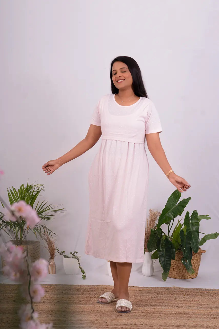 Midi Pink  dot  - light weight dress summer collections( Minor embroidery variation so sold at sale price )