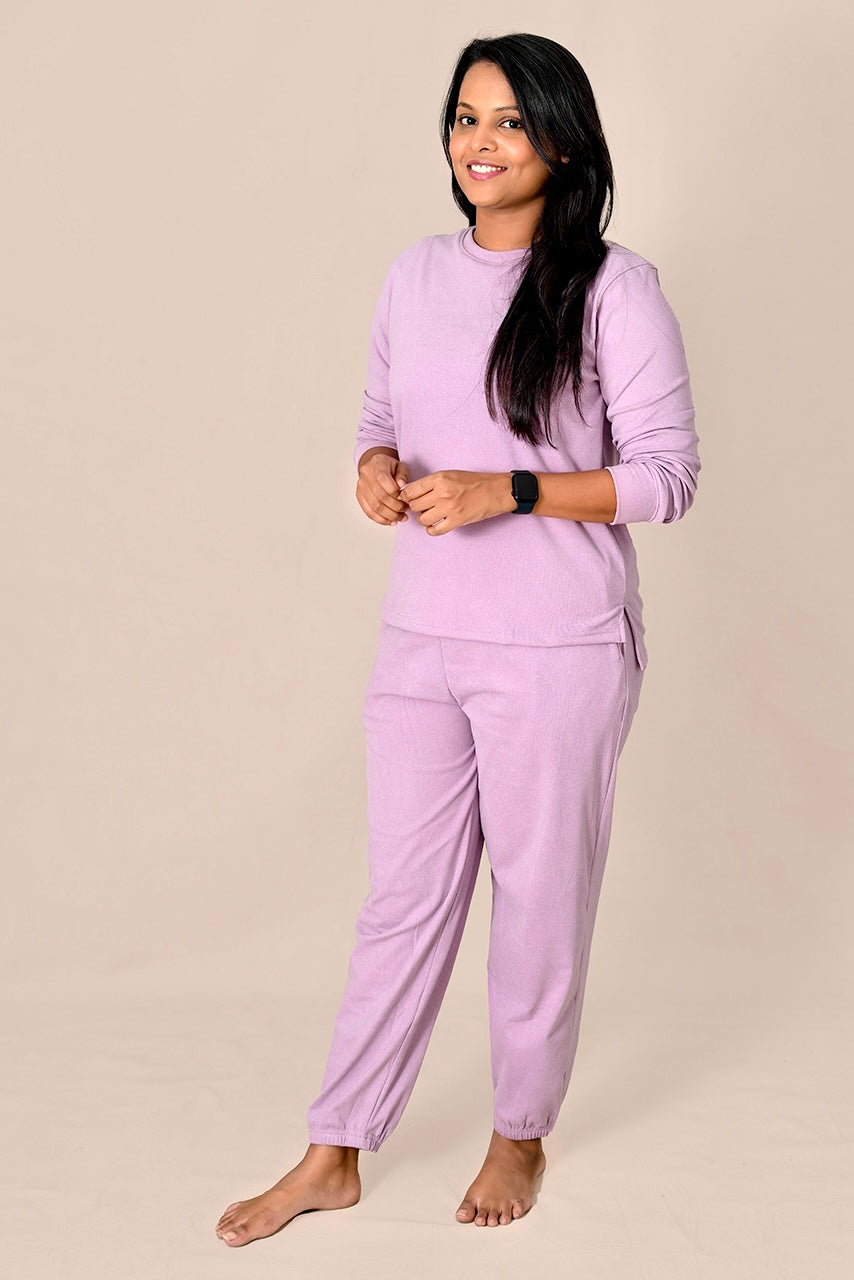Woman wearing lavender Everyday Cozy winter Set with relaxed fit joggers and top