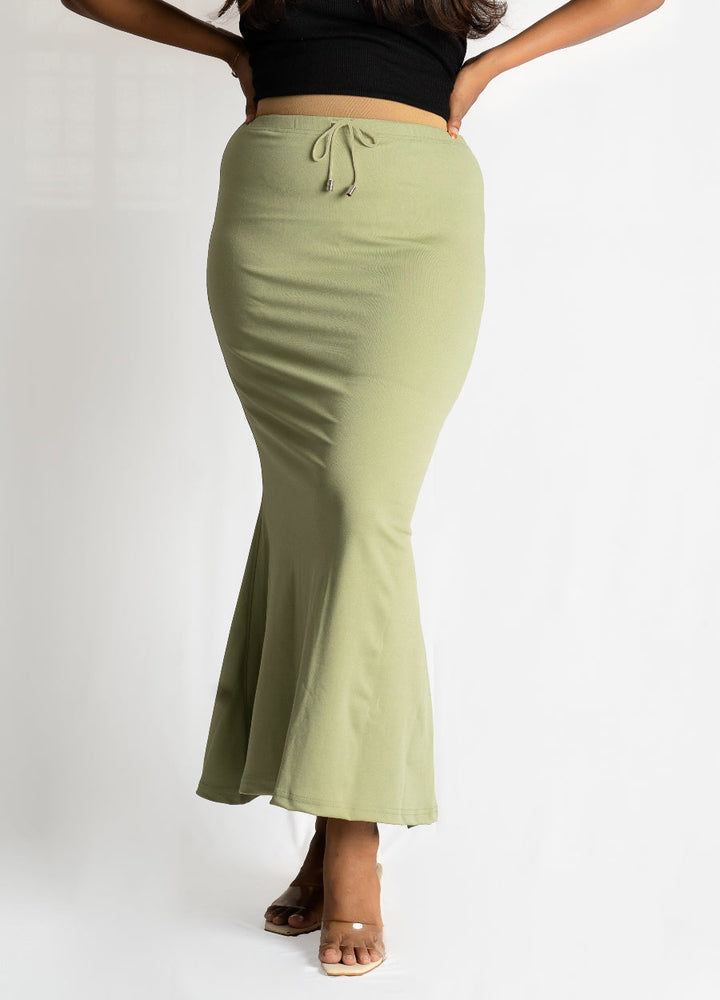 Light green Pista Sareeshaper with drawstring waist, stretchy and flared bottom fit for saree or lounge wear.