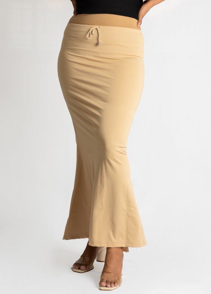 Skin Sareeshaper beige stretchy shapewear skirt with drawstring waist for comfortable fit under sarees and dresses